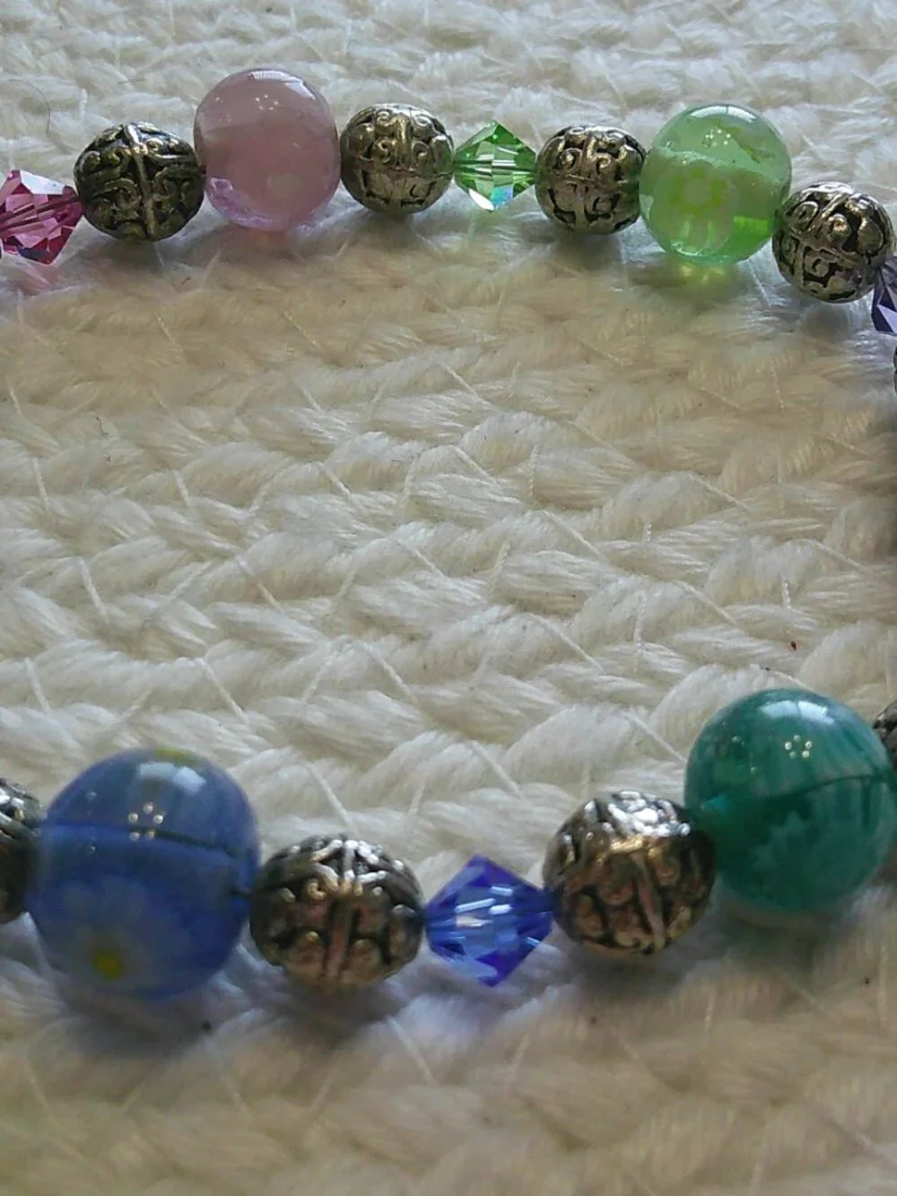 Whimsical MULTI COLORED GLASS & CRYSTAL BEADS Handmade Silver Bracelet #107F